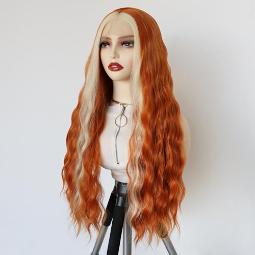 Perruque orange longue ondulée sans colle pour éviter les irritations et changer de style - 3