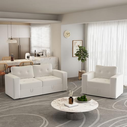 Image of QHITTY Modular Sofa, 3 Seater Accent Couch with Hidden Extra Large Storage Space for Living Room, Beige White