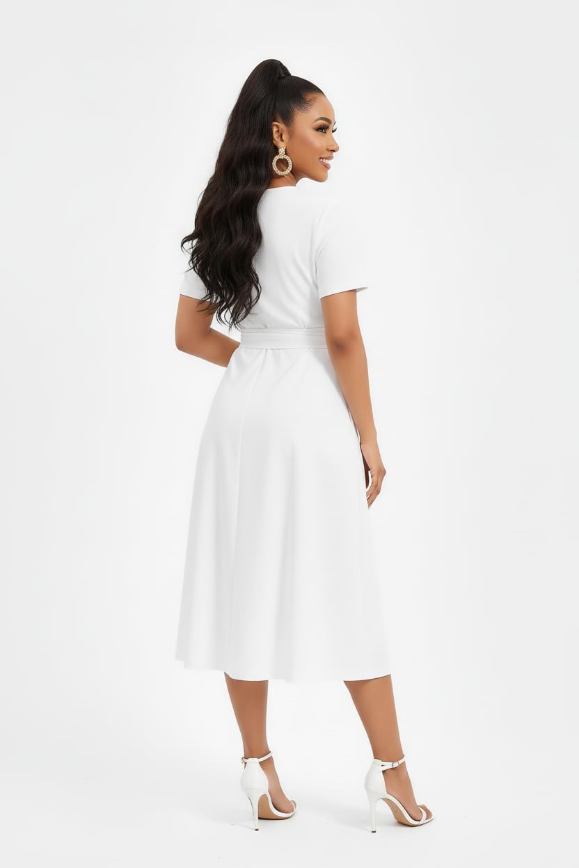 Nmoder Elegant Wrap Dresses for Women, Casual A-Line V Neck Short Sleeve Midi Dresses with Pockets & Belt Buckle - Image 4