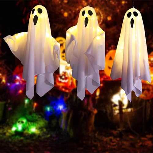 Halloween Decor Scary Hanging Lighted Ghost, Outdoor Decor Hanging Lighted Glowing Ghost, Halloween Light Up Ghost DIY Any Shape, Halloween Ornaments Spooky Outdoor, Ghost Lights (White (3PC))