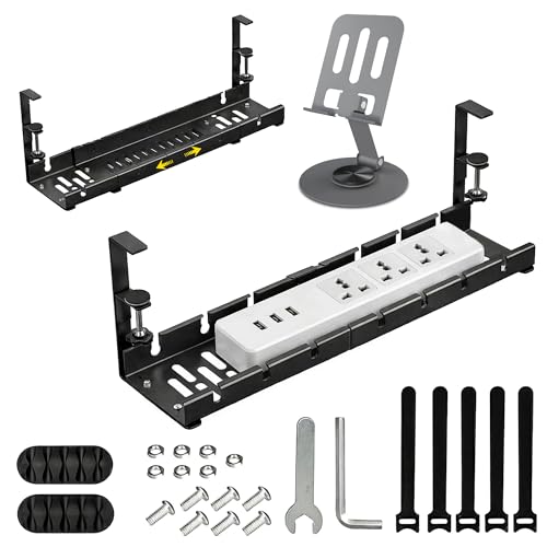 Image of Under Desk Cable Organizer Rack, Metal Cable Tray with Mobile Stand, Velcro Straps, Installation Kit & 4 Cable Protectors