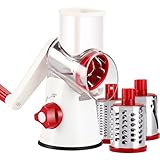 Ancevsk Rotary Cheese Grater Hand Crank, 3 in 1 Round Mandoline Slicer Potato Shredder Speed Vegetable Grinder for Nuts, Carrot, Hashbrown, Walnut, Cucumber, Chocalate (White Red)