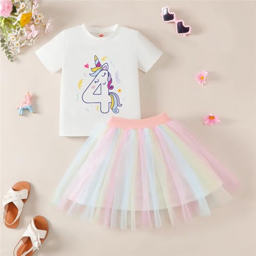 Image of 4th Birthday Outfit Girl,4 Year Old Fourth Four Shirt Skirt Outfit for Toddler Girls