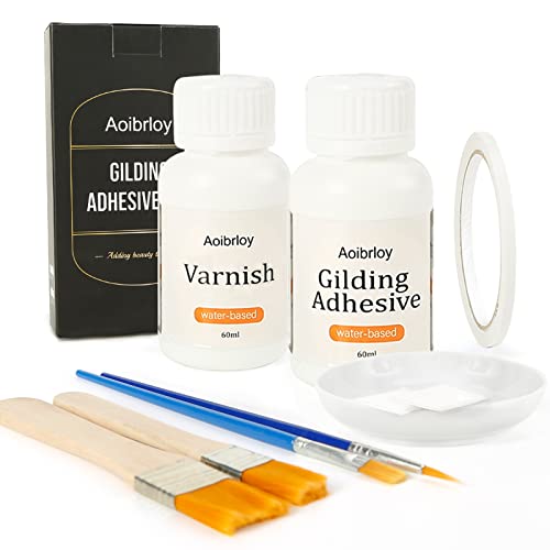 AoibrloyÂ Gilding Adhesive Set, Gold Leaf Adhesive and Varnish for Professional Craft, 4 Brushes and 2 Pair of Gloves, 1 Double-Sided Tape (60ml +60ml)