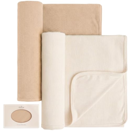Image of Konssy Knit Baby Blanket 2 Pack, Soft Ribbed Swaddle Receiving Blankets for Boys & Girls, Lightweight Cozy Swaddling Wrap for Newborns, Infants, & Toddlers, 33x42 Inch (Camel, Beige)