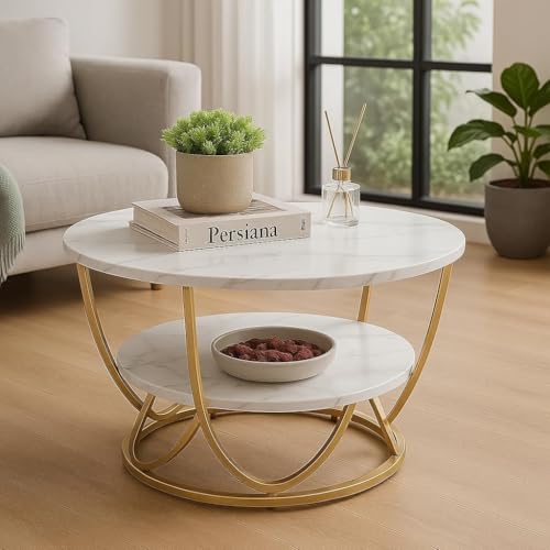 Image of Shoppee Coffee Table - Modern 2-Tier with Faux Marble Top and Gold Metal Frame - Stylish Center Table for Living Room, Sofa Table, Elegant Cocktail Table for Home, Office, White & Gold