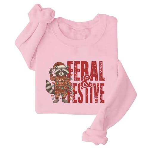 Image of TONGCHEN Feral and Festive Raccoon Sweatshirt for Women Funny Christmas Holiday Sweatshirts Xmas Gift (US, Alpha, XX-Large, Regular, Regular, Pink)