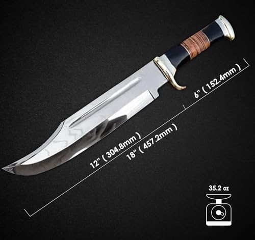 D2 18 Inches Large Crocodile Dundee Bowie Knife with Leather Sheath Big Survival Fixed Blade Knife with Leather and Horn Handle for Outdoor Camping Knives For Men