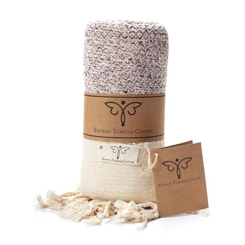 SMYRNA TURKISH COTTON Throw Blanket Vintage Series, Outdoor Blankets, Throws and Blankets for Couch, Sofa, Bed, Chair, Beach Picnic, Travel Boho Turkish Blanket Throw (Blush Pink, 60"x80")