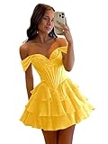 JKMMYO Mustard Yellow Homecoming Dresses for Women 2025 Off The Shoulder Short Tiered Corset Cocktail Party Gown Size 12