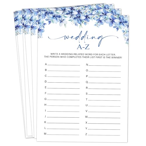 Image of Wedding A-Z Bridal Shower Games, 25 Blue Floral Bridal Shower Game Cards Set, Engagement Party Game for Guests, Wedding Games for Reception, Minimalist Marriage Party Supplies-04