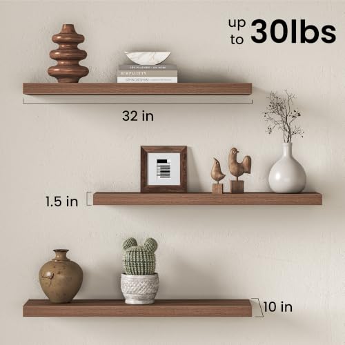 Image of Fun Memories 32 Inch Floating Shelves for Wall, Walnut Wood Wall Mounted Shelf with Invisible Bracket, 10 Inch Deep Large Shelves for Living Room Bathroom Bedroom, Set of 3