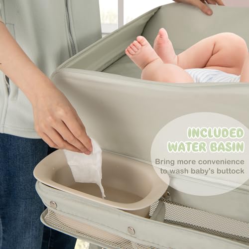 Image of HONEY JOY Changing Table, Folding Mobile Diaper Nursery Organizer w /Wheel, 3 Adjustable Heights, Storage Bag & Open Shelf, Water Basin, Portable Baby Changing Station for Newborn Infant(Green)