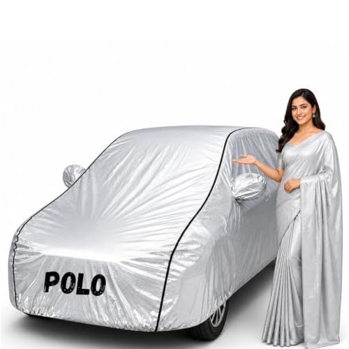 Image of Waterproof Car Body Cover for Polo All Weather Protection Comes with Inner Cotton Lining & Triple Stitched with Mirror & Antenna Pocket Belt & Elastic Fit Metallic Silver with Black Piping