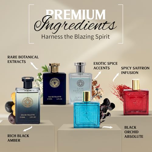 Lion Versatile Cologne for Men (3.4oz/100ml x 5pcs), Impression of Eros, Red Flame, Dylan Blue, Pour Homme & Oud Noir, Edt, (Pack of 5) - Image 4