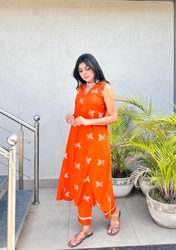 Image of MOKOSH Women's Cotton Embroidered & Hand Work Kurta Pant Set | Co-ords Set | Embroidery & Hand Work | Indian Kurta Outfit With Pant |2 Piece Outfit | V Neck Sleeveless