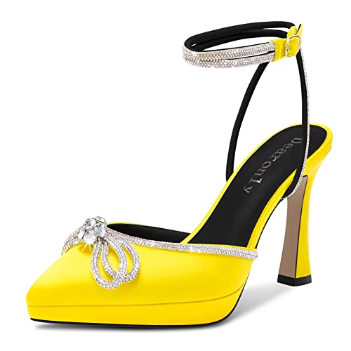 DearOnly Platform High Heel Pointed Toe Pumps Ankle Strap Rhinestone Crystal Bow-Knot Prom Dress Shoes