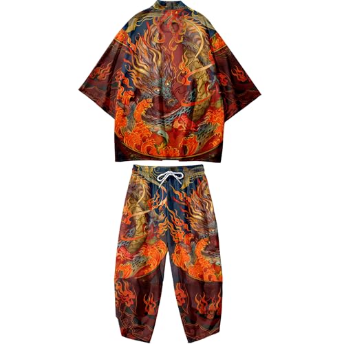 DOSLAVIDA Kimono para hombre, ligero, 2 piezas, trajes de playa japoneses con frente abierto, camisa y pantalones cortos de manga 3/4, A-rojo 1, Large