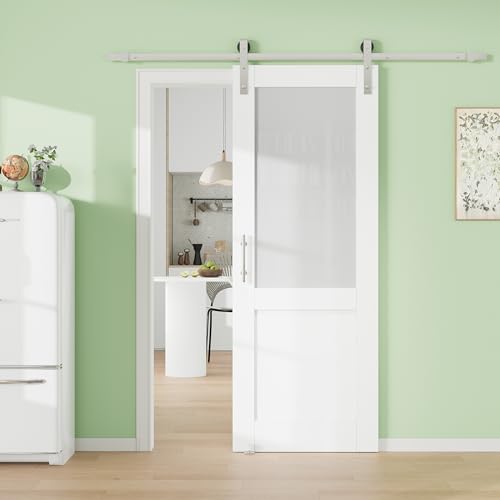 Image of 32 inch x 80 inch 15-Lite Tempered Clear Glass Barn Door with 72 inch Track Kit, Solid Core MDF Sliding Barn Doors for Closet Kitchen Bedroom Living Room, Easy to Clean & Modern Style, Nickel-Plated Hardware Kit