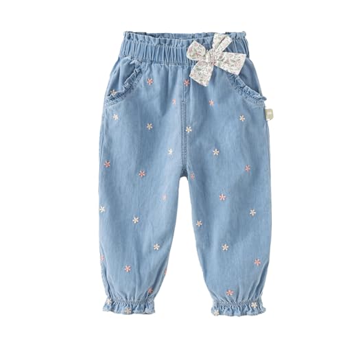 DAVE&BELLA Baby Girls Jeans Embroidered Stretch Ruffle Denim Pants for Toddler Spring Lightweight Casual Leg Jeans