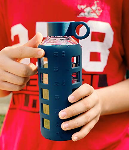 purifyou Premium Glass Water Bottle w/Time and Volume Markings Plus Ultra-Soft Silicone Sleeve & Stainless Steel Lid Insert 32/22 / 12 oz (Midnight Blue, 32 oz) - Thumbnail 2
