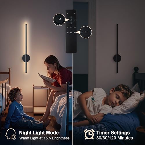 Image of Battery Operated Modern Wall Sconces Set of Two,Rechargeable Wireless Wall Lights with Remote Control,Dimmable,3CCT,Timer,360Rotation,Cordless Lighting for Bedroom,Living Room,Hallway,Black,27.6 Inch