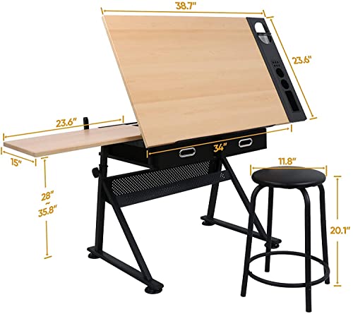 JupiterForce Drafting Table Art Desk with 2 Storage Drawers, Height Adjustable Drawing Table for Painters, Working, Writing, Home Office, Natural