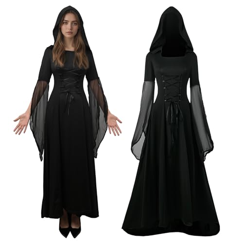 JDFAIJEAL Medieval Gothic Dress Damen Vintage Victorian Gebunden Taille Kleid mit Kapuze Halloween Kostüm Damen Renaissance Party Festlich Cosplay Dress (S)