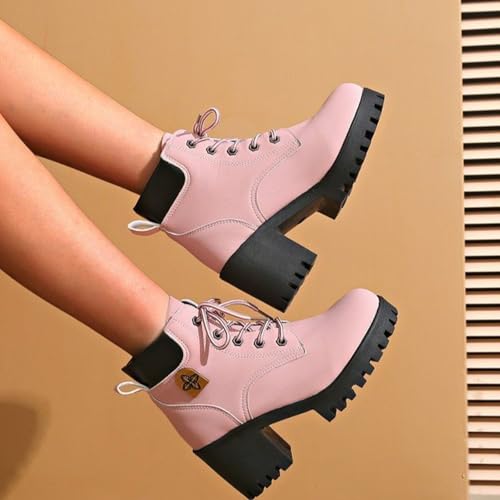 Women's Ankle Boots Thick Mid Heel Lace Up Round Toe Platform Ankle Booties Solid Versatile Comfortable Combat Boots2