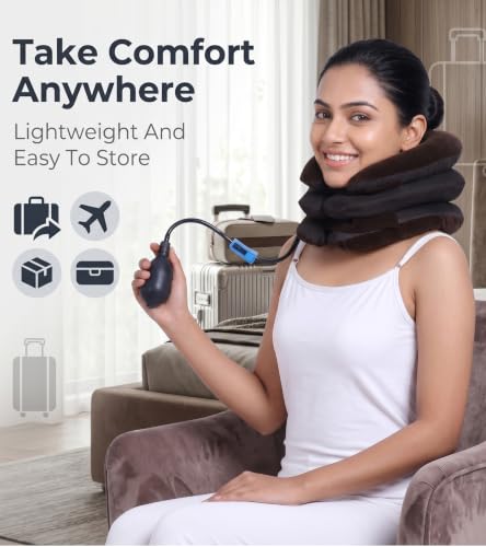 Image of Dimore Inflatable Brace Pillow Cervical Traction Device Adjustable Stretcher,Ideal for Spine Alignment and Chronic Pain Relief. (Brown)