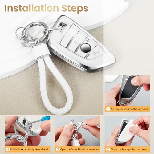 Image of Car Key Fob Cover, White Braided Loop Keychain Case, Silver Edge