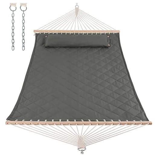 ANOW 2 Person Hammock with Spreader Bars and Detachable Pillow, Quilted Hammock for Outdoors Indoors, 450 LBS Weight Capacity, Gray