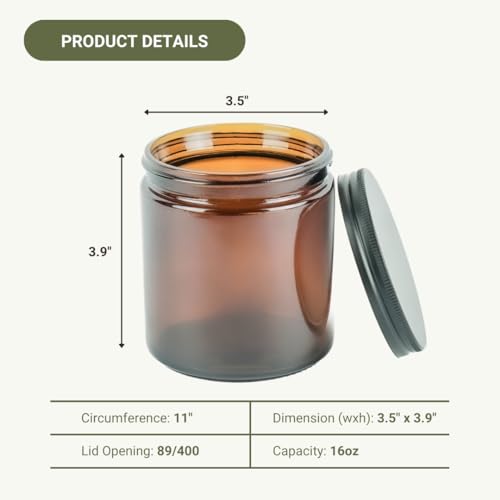 Glass Amber 16oz Jar - 12 Packs, Empty Round Jars For Beauty Products, Lotion, and Powders - Black Lid - Small Candle Jars4