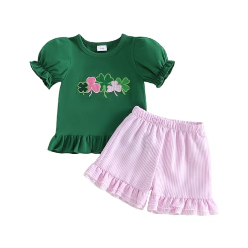Mobbdow Toddler Baby Girl St Patricks Day Outfit Shamrock Embroidery Short Sleeve T Shirt Top Striped Ruffle Shorts Set (A-Green Pink, 3-4T)