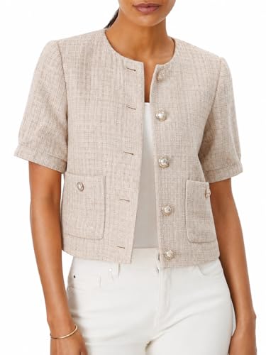 LifeShe Puff Short Sleeve Tweed Jacket Women Cropped Blazer Summer Open Front Casual Office Work...
