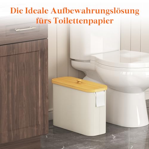 Lifewit Toilettenpapier Aufbewahrungskorb, Bambus Badezimmer Organizer, Klopapier Aufbewahrungsschrank für Enge Räume, Toilet Paper Behälter mit Deckel, 23L, Cremeweiß