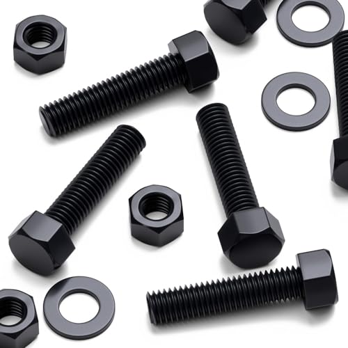 Image of 10x Black Nylon PA66 Hex Head Plastic Bolts, Nuts & Washers, M12 x 50 mm, Fastener, (15 /32 x 1 31 /32 in)