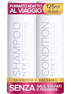NYK1 Shampoo E Balsamo Per Capelli Senza Sale E Solfati (Set Iniziale 125ml x 2) Set Di Shampoo E Balsamo Senza Solfati Per Extension, Colore E Trattamento Alla Cheratina - Detersione Delicata