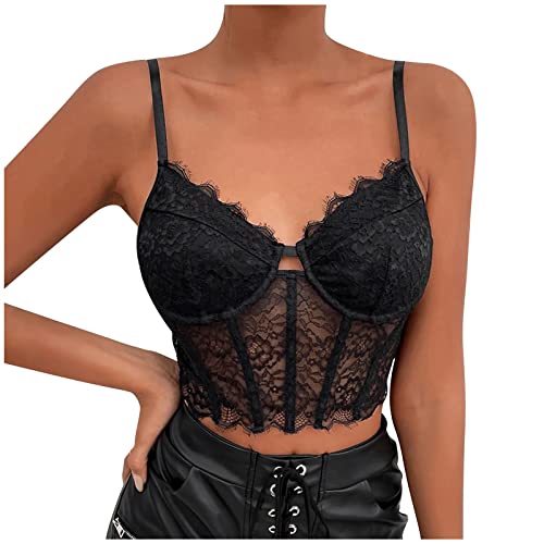 Beokeuioe Camiseta de encaje sin vientre para mujer, mujer, de encaje, de encaje, sexy, vintage, para espaguetis, sin corsé, para salir, fiestas, top brillante, Negro , L Cover