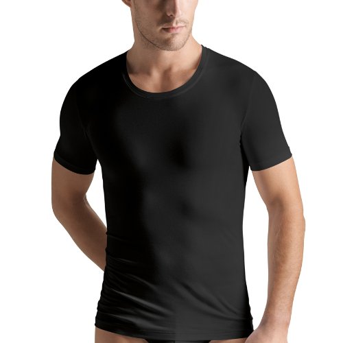 HANRO Men's Cotton Superior Short Sleeve Crew Neck Shirt, Black, Large