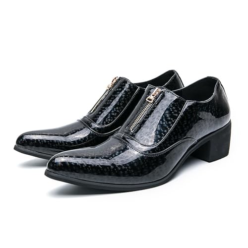 Men's Pointed Toe Chunky Heels Dress Oxford Shoes,Fashion Print Front Zipper Slip on Loafers Patent Leather Low Top Chelsea Business Formal Derby Shoes3
