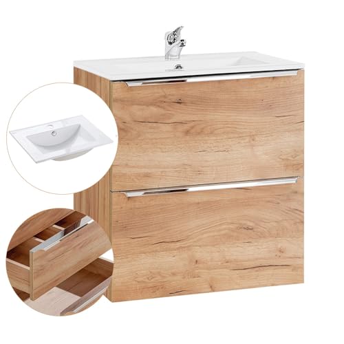 Lomadox Badmöbel Waschtisch-Unterschrank Set, Wotan Eiche Dekor, 61cm Keramik-Waschbecken, 2 gedämpfte Softclose-Schubkästen, B/H/T ca, 61/58,5/46 cm