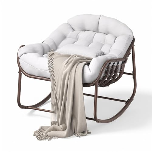 GarveeLife Outdoor Papasan Rocking Chair, Oversized Wicker Lounge Chair with Cushion and Metal Frame, Patio Rattan Egg Rocker for Balcony Backyard Porch Bedroom, White