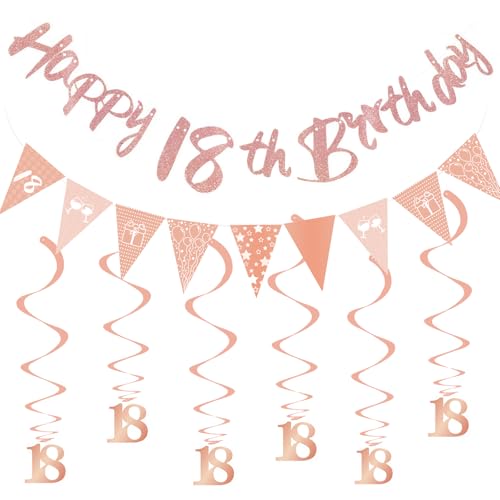AIZHAZHA Decoracion 18 Cumpleaños Niña Banner Serpentinas, Guirnalda 18 Cumpleaños Chica Decoración Oro Rosa, Photocall 18 Cumpleaños Pancarta, 18 Feliz Cumpleaños Guirnalda Espiral