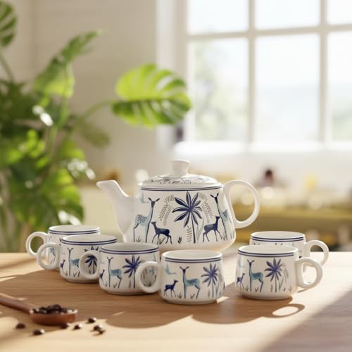 Image of 'Blue Deer' Premium Ceramic Tea Cup Set with Kettle & 6 Cups | Floral Printed Ceramic Cup with Teapot | Handcrafted, Microwave & Dishwasher Safe | Tea Serving Set for Home, Office & Gifting