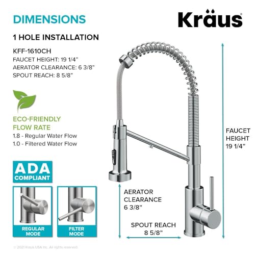 Image of Kraus KFF-1610CH Bolden 2-in-1 Commercial Style Pull-Down Single Handle Filter Kitchen Faucet for Reverse Osmosis or Water Filtration System, Chrome
