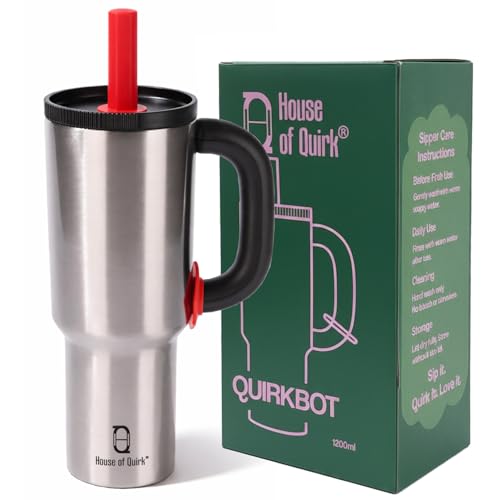 Image of House of Quirk 1200ml Stainless Steel Tumbler with Handle, Straw & Straw Cap | Leakproof Water Bottle | Large Capacity Travel Mug (Chrome)