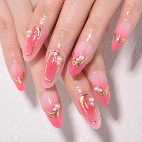 evpct Ombre Peach Pink Press on Nails Short Almond with 3D Pearl ...