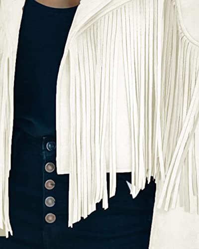 Utcoco Women's Faux Suede Leather Fringe Jacket Motorcycle Moto Biker Short Open Front Tassel Coat (2X-Large, White) #TOP4