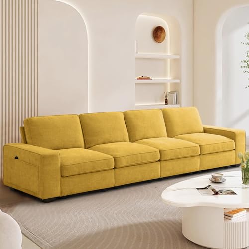 Image of TEKAMON 128 inch Modular Sofa Couch with Seat Storage, Chenille Sofa,Modern Comfy 4-Seater Couch for Living Room, Office, Apart W /Deep Seat, Wide Armrest, USB, Pockets, Removable Covers (Yellow)